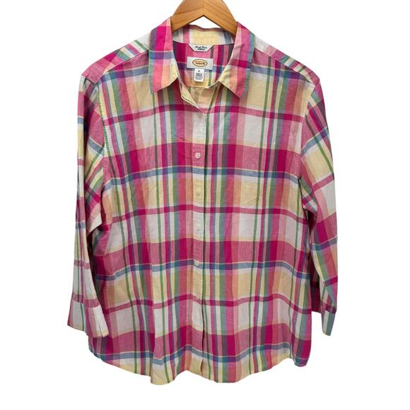 Talbots Blouse Womens XL Pink Plaid Irish Linen Cotton Blend Button Up Vintage - Picture 1 of 7